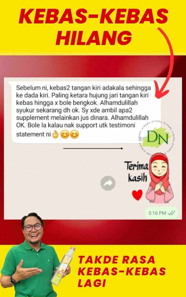 Kebas-kebas hilang testimonial using Dinara herbal supplement against left hand muscle pain.