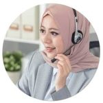 Professional woman customer service representative wearing a headset, smiling, in an office environment.